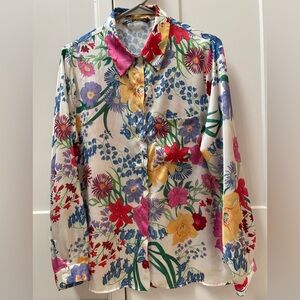 Zara colorful satin floral blouse medium hidden buttons Medium
